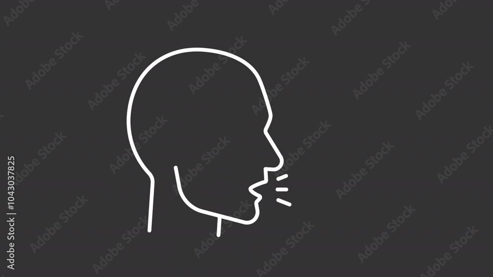 Cough white line animation. Sneezing animated icon. Shaking head. Allergy illness, health care. Sickness, disease. Isolated illustration on dark background. Transition alpha video. Motion graphic Cough white line animation. Sneezing animated icon. Shaking head. Allergy illness, health care. Sickness, disease. Isolated illustration on dark background. Transition alpha video. Motion graphic