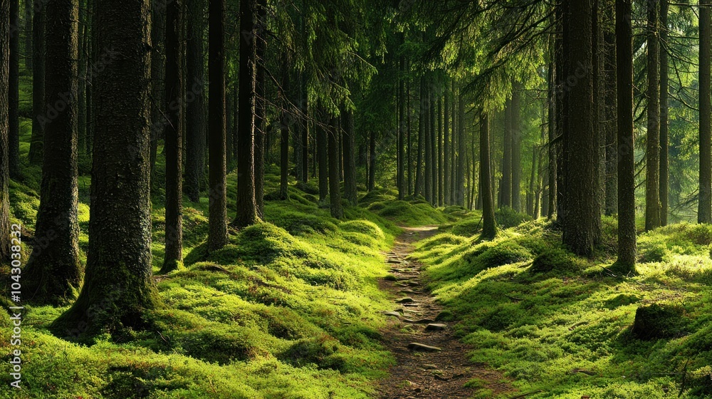 A serene forest path surrounded by lush greenery and tall trees. A serene forest path surrounded by lush greenery and tall trees.
