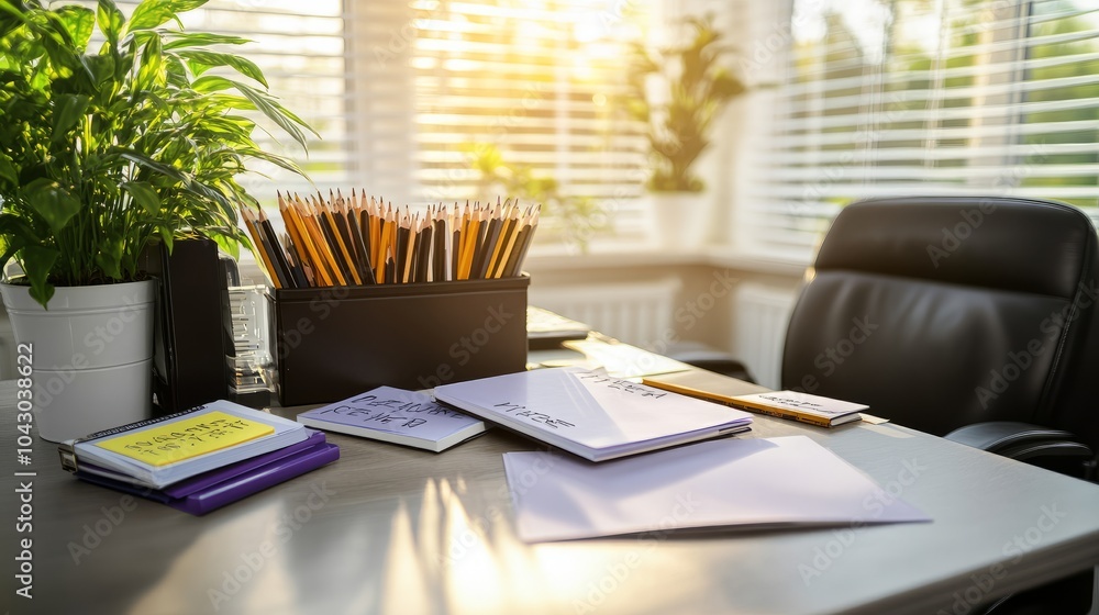 A desk with a pencil holder, notebooks, and a sticky note in a home office setting. A desk with a pencil holder, notebooks, and a sticky note in a home office setting.