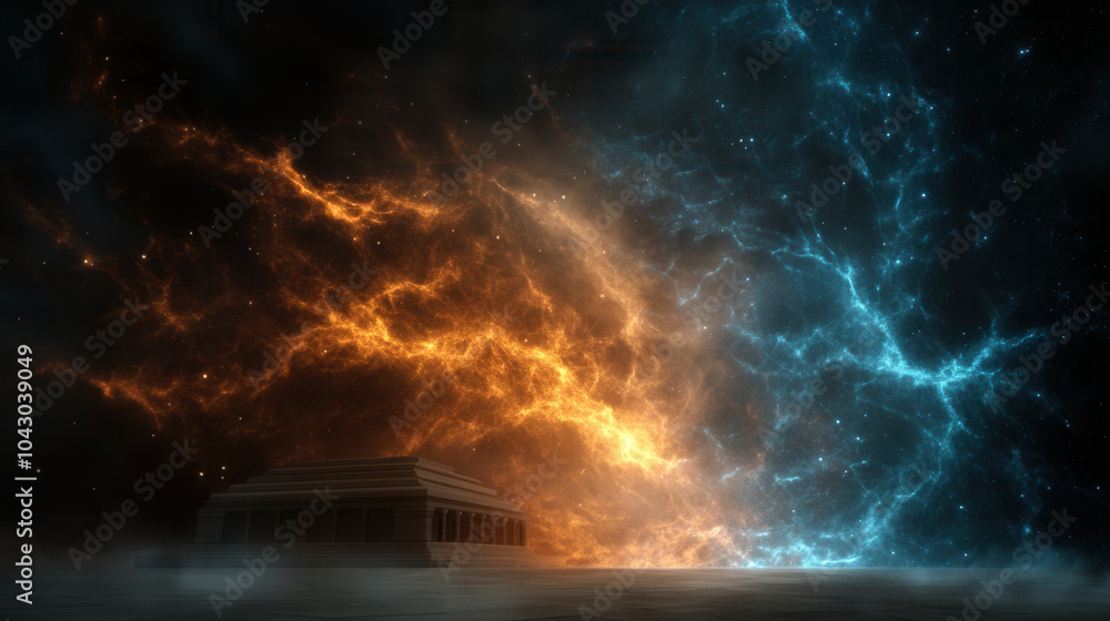 stunning display of cosmic colors with temple silhouette against backdrop of vibrant orange and blue nebulae, creating mesmerizing and ethereal atmosphere stunning display of cosmic colors with temple silhouette against backdrop of vibrant orange and blue nebulae, creating mesmerizing and ethereal atmosphere