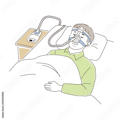 睡眠時無呼吸症候群の治療用器具をつけて寝ている中年男性