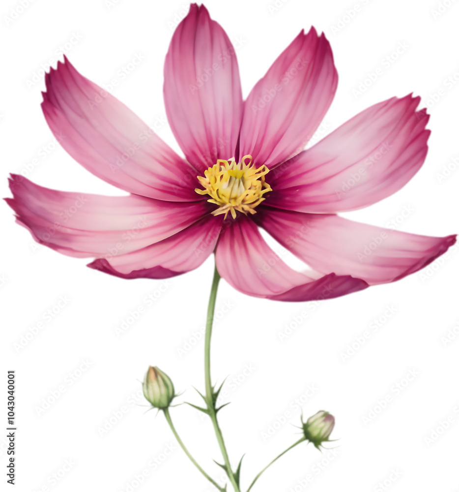 Obraz premium Large, Deep Pink Cosmos bipinnatus Flower Watercolor. 