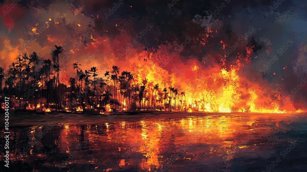 A view of a forest fire from the shore. A vacation spot on fire. the issues of fires, drought, and global warming. AI drawings, computerized paintings of fantasy, A view of a forest fire from the shore. A vacation spot on fire. the issues of fires, drought, and global warming. AI drawings, computerized paintings of fantasy,