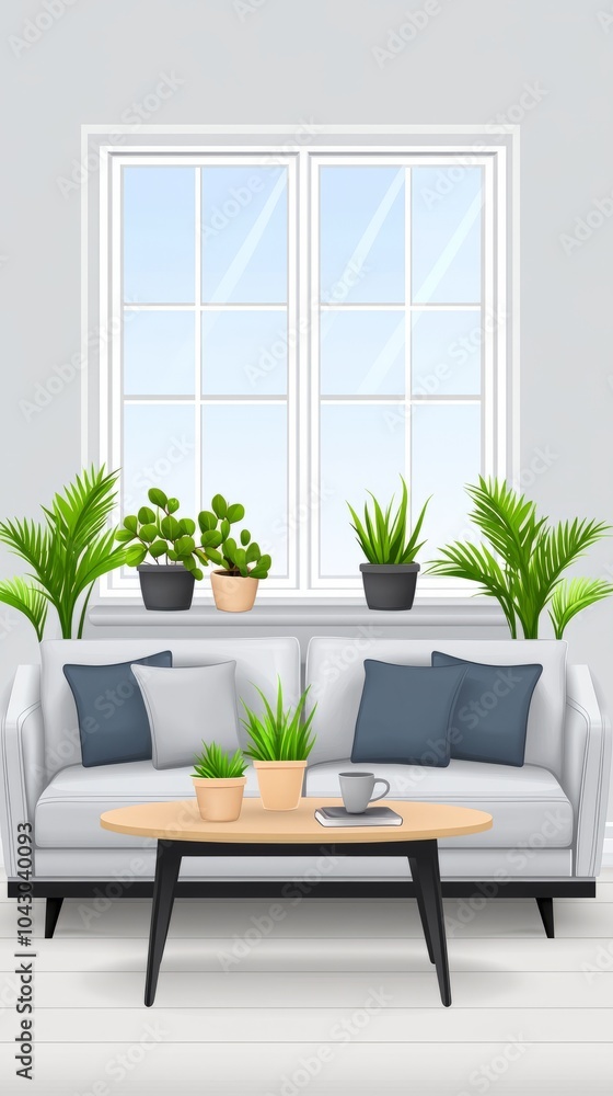 Fototapeta premium A modern living room with a white sofa, coffee table, and plants.