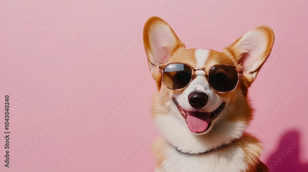A cheerful corgi wearing sunglasses against a pink background, exuding a fun vibe. A cheerful corgi wearing sunglasses against a pink background, exuding a fun vibe.