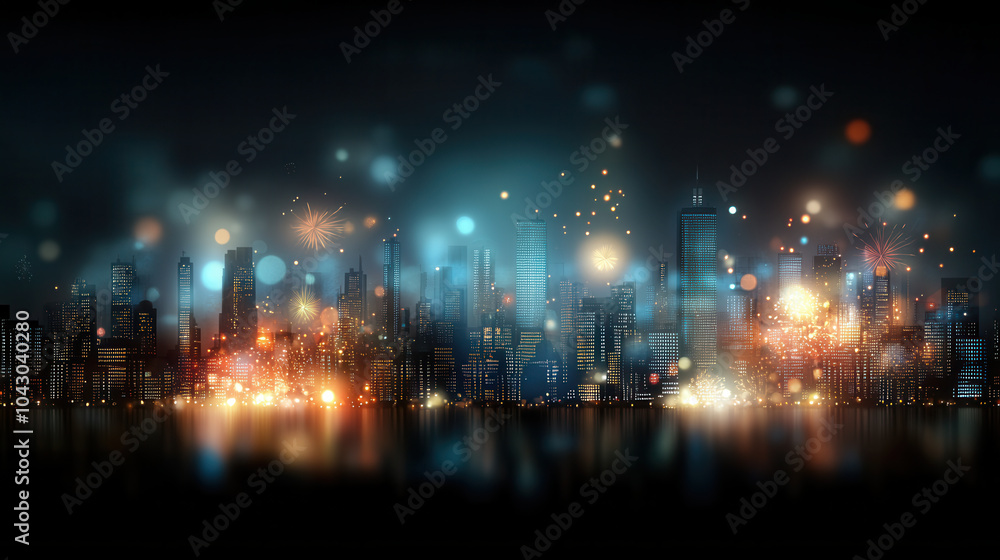 Obraz premium vibrant city skyline illuminated by colorful fireworks, creating festive atmosphere. bright bursts of light reflect beautifully on water, enhancing celebratory mood