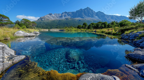 Landscape blue pool and mountains the water from the fresh nature in New Zealand .