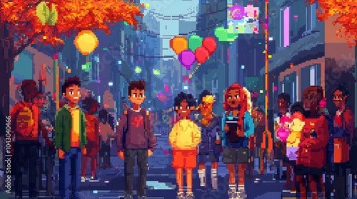 Pixelated Nighttime Gathering in the City