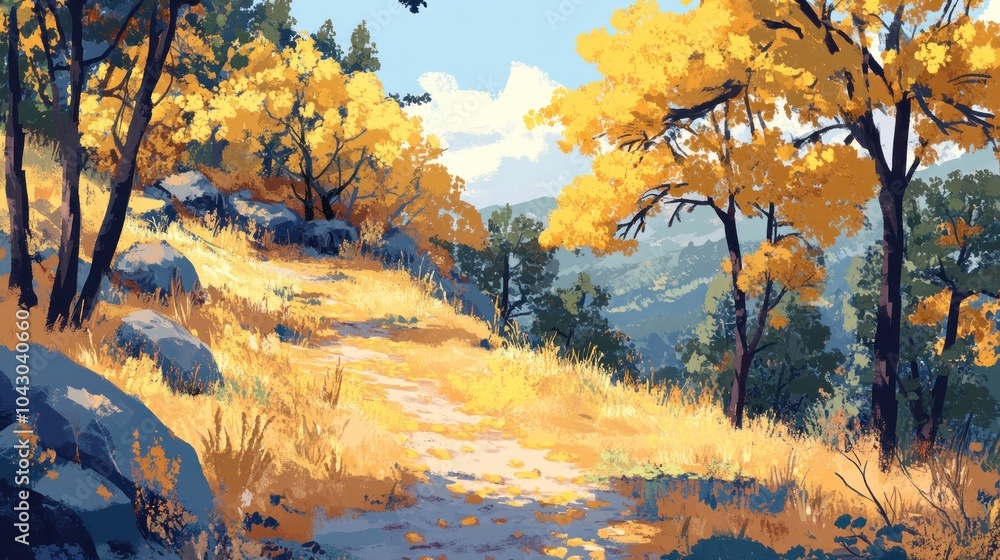 A serene autumn landscape featuring golden trees and a winding path through the hills. A serene autumn landscape featuring golden trees and a winding path through the hills.