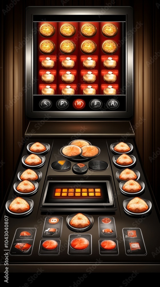 A retro-style slot machine with glowing symbols and a digital display. A retro-style slot machine with glowing symbols and a digital display.