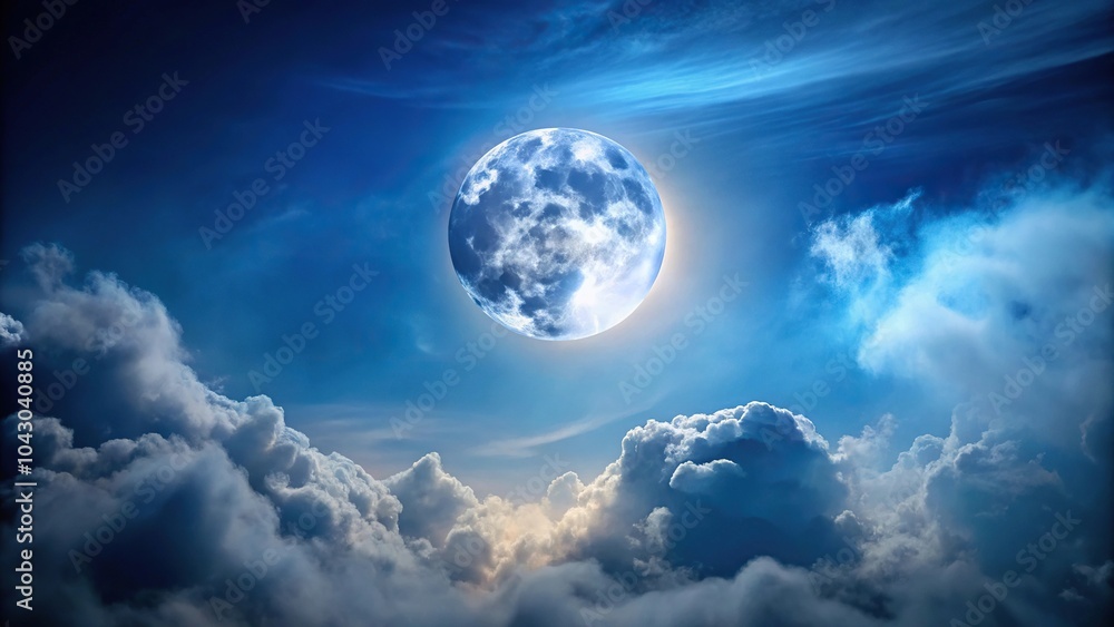 Obraz premium Full moon illuminates dark blue sky through wispy clouds