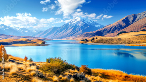 Landscape of Lake Tekapo and snow mountains on sunny day blue water in canterbury, New Zealand photo