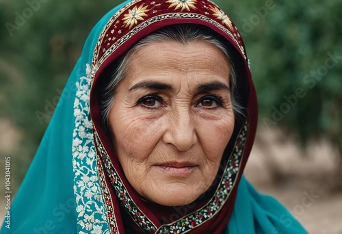 A mature Tajik woman 75 years old, gazes directly, showcasing intricate traditional attire, rich cultural heritage of her nationality, evoking wisdom and grace. Brunette woman, wearing a headscarf. AI photo