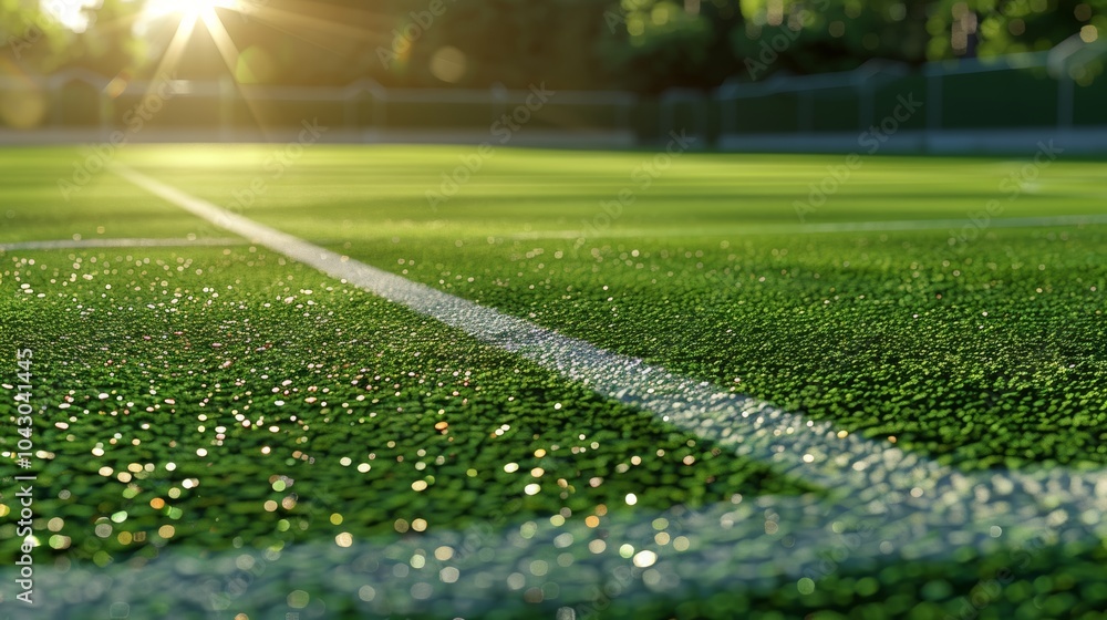Naklejka premium Close up of a lush green sports field bathed in sunlight with distinct white markings