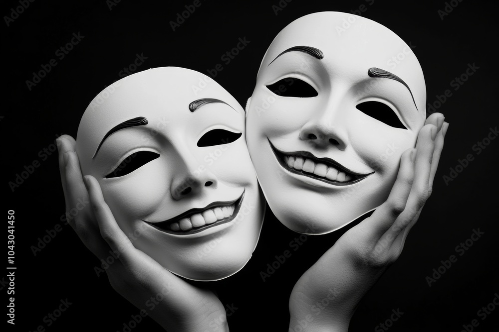 Two white masks with smiling faces are being held by a person. Masks are of the same size. smiling mask in front of a frowning face, symbolizing conflict between appearance and reality in happiness. Two white masks with smiling faces are being held by a person. Masks are of the same size. smiling mask in front of a frowning face, symbolizing conflict between appearance and reality in happiness.