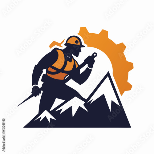 Mountain climber mascot logo, holding gear and scaling a peak