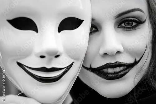 Two white masks with smiling faces are being held by a person. Masks are of the same size. smiling mask in front of a frowning face, symbolizing conflict between appearance and reality in happiness. photo