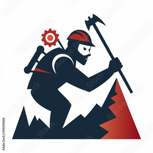 Mountain climber mascot logo, holding gear and scaling a peak