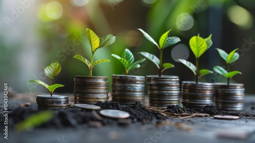 Symbolizing economic growth  vibrant plants emerging from stacks of coins reflecting prosperity photo