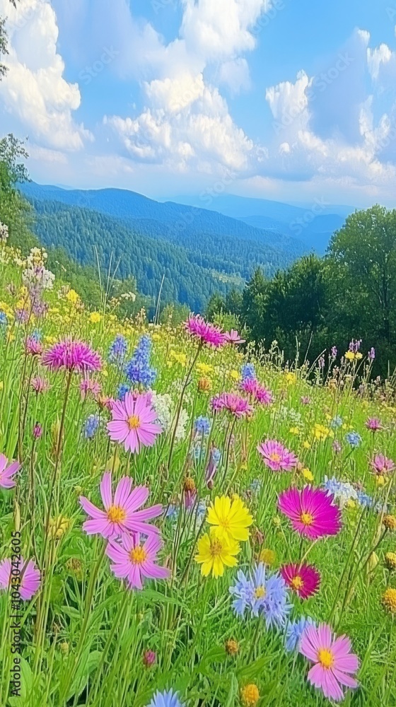 Obraz premium A vibrant field of wildflowers blooms in the foreground of a mountain range under a clear blue sky.