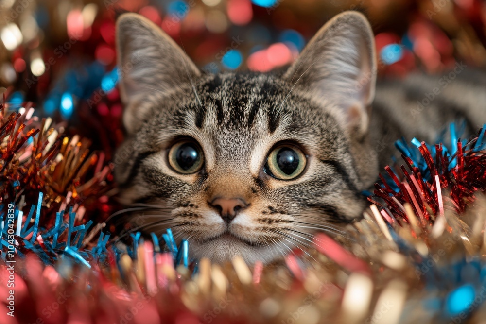 Cute wide eyed cat, kitten, playing with Christmas decorations. Fun and cozy atmosphere. Mischievous playful cat. Cute wide eyed cat, kitten, playing with Christmas decorations. Fun and cozy atmosphere. Mischievous playful cat.