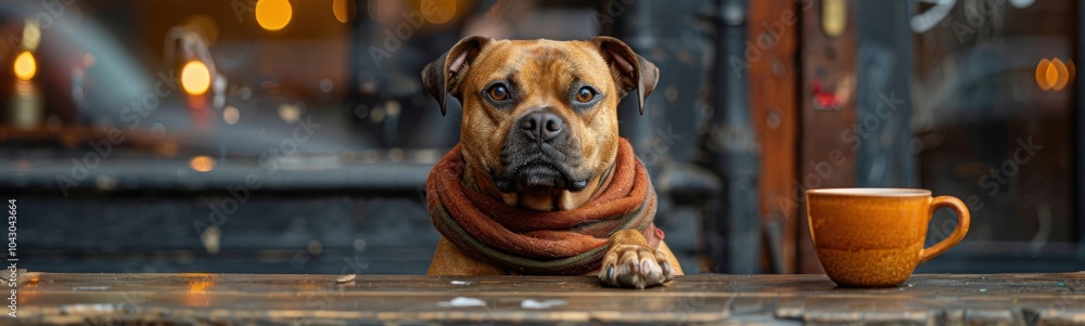 Fototapeta premium Dog sitting at a table with a cup of coffee, animal background, banner, copy space