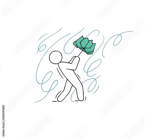 Doodle weather icon - man with umbrella. Sketch of man  in storm, character in rainy weather, vector hand drawn illustration