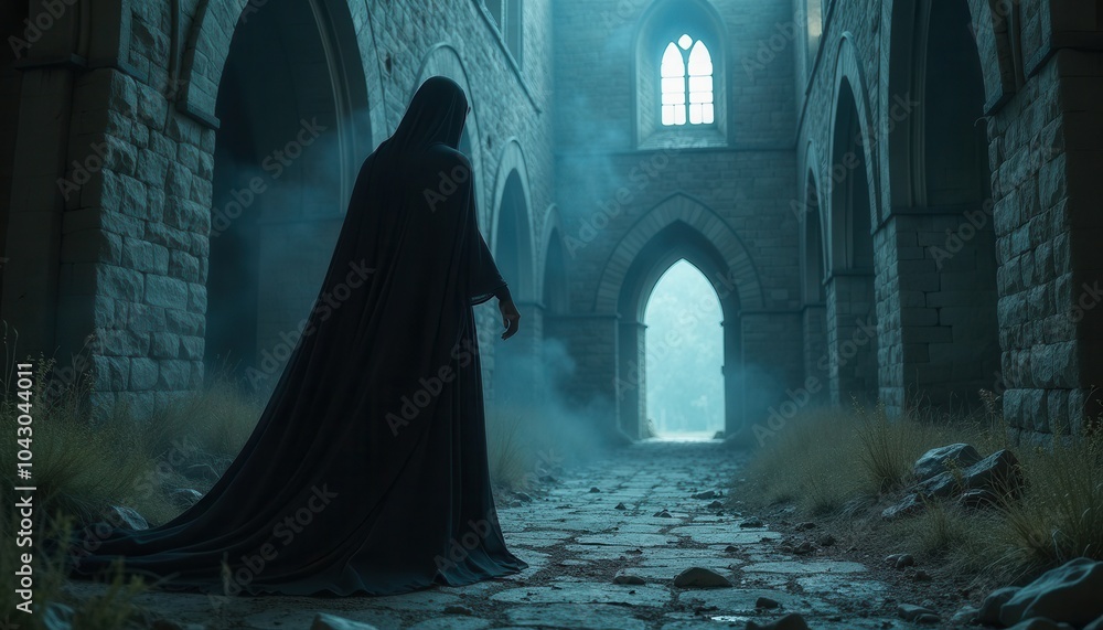 Dark sorceress casting dark shadows in a ruined castle at night while her eyes glow with powerful forbidden magic. Dark sorceress casting dark shadows in a ruined castle at night while her eyes glow with powerful forbidden magic.