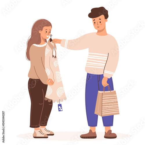 Shopping. Happy couple buyers man and girl try on dress at sale. Vector illustration. Holiday shopper character, purchase concept, Black Friday