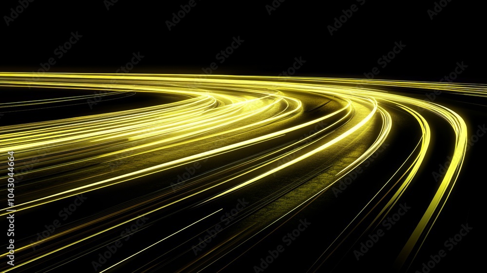 Fototapeta premium High-speed neon yellow light streaks on a black background, representing incredible motion on an expressway.