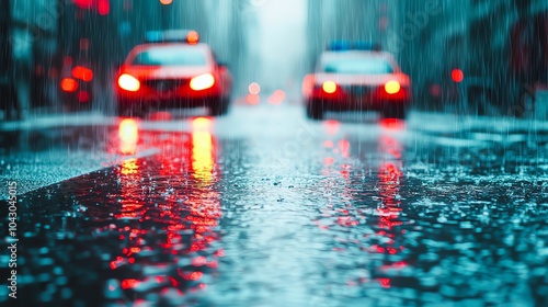 Torrential rain pounding a city street, cars submerged, emergency lights flashing, longexposure shot capturing rain streaks