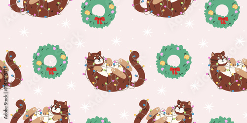 Christmas funny cat vector seamless pattern. Cute plump cat laying on back and playing with Christmas garland.
