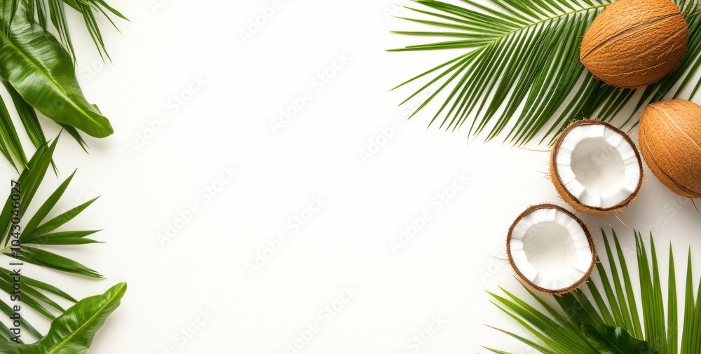 A tropical arrangement featuring coconuts and palm leaves against a white background. A tropical arrangement featuring coconuts and palm leaves against a white background.