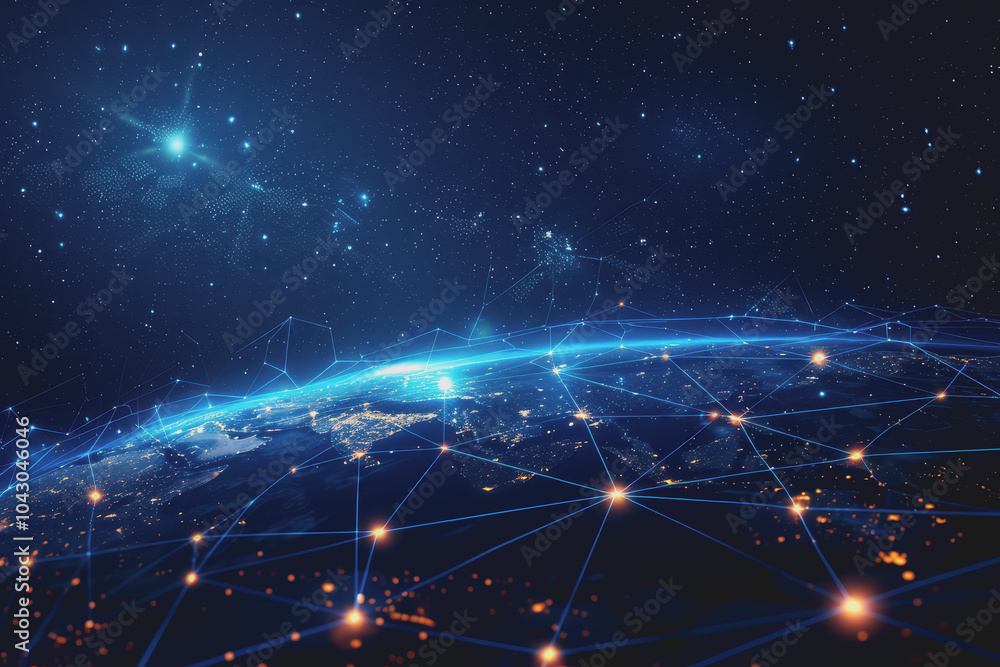 Obraz premium Abstract background with blue gradients and glowing planets made up of interconnected dots and lines