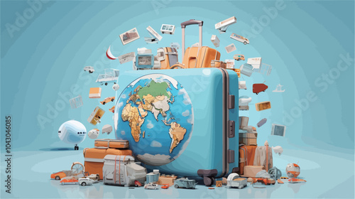 Traveling around the world concept. 3D illustration of a suitcase with a world map and a lot of luggage