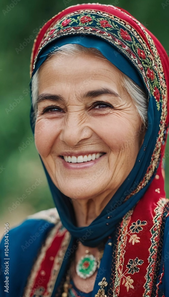 A mature Tajik woman 75 years old smiles showcasing intricate traditional attire and rich cultural heritage of her nationality, evoking wisdom and grace. Brunette woman, wearing a headscarf. AI A mature Tajik woman 75 years old smiles showcasing intricate traditional attire and rich cultural heritage of her nationality, evoking wisdom and grace. Brunette woman, wearing a headscarf. AI