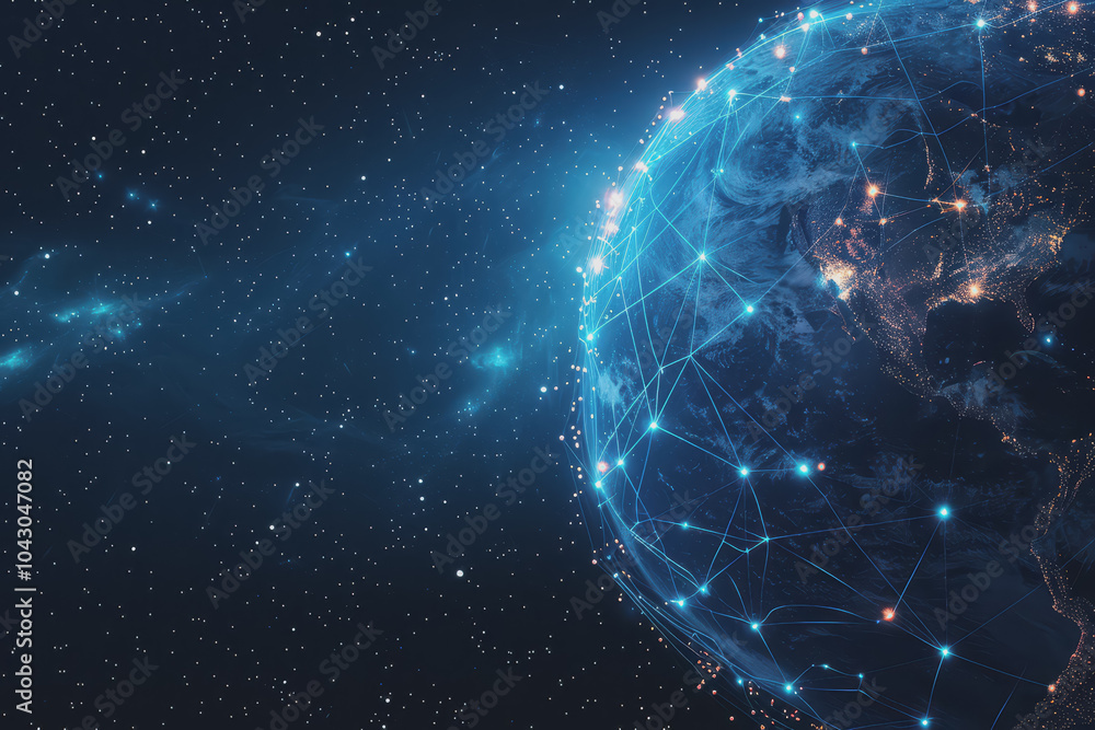 Obraz premium Abstract background with blue gradients and glowing planets made up of interconnected dots and lines
