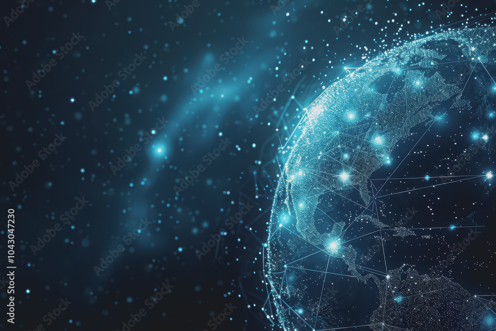 Obraz premium Abstract background with blue gradients and glowing planets made up of interconnected dots and lines