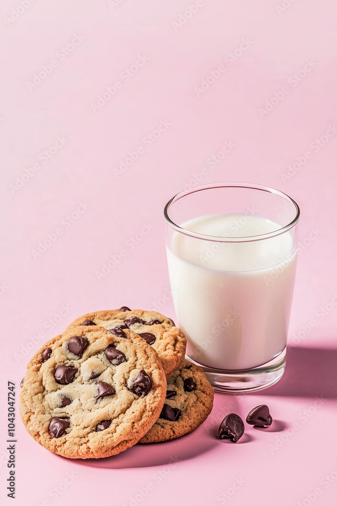 Chocolate chip cookies and a glass of milk on a pink background, a minimalistic composition with soft shadows and natural lighting Chocolate chip cookies and a glass of milk on a pink background, a minimalistic composition with soft shadows and natural lighting