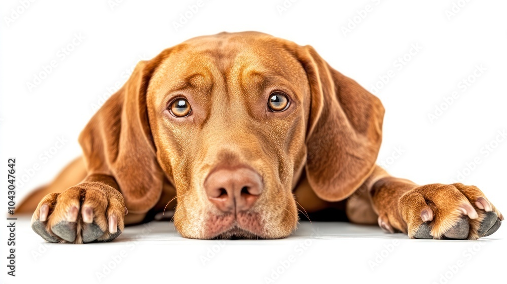 A close-up of a brown dog resting with a gentle expression on a white background. A close-up of a brown dog resting with a gentle expression on a white background.