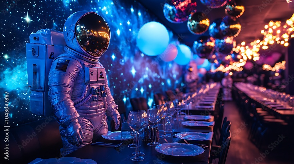 A space-themed party decor with astronaut figurines, metallic star balloons, and a galaxy mural, LED lights simulating distant stars, A space-themed party decor with astronaut figurines, metallic star balloons, and a galaxy mural, LED lights simulating distant stars,