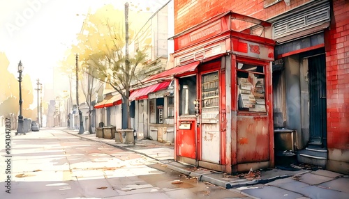 Forgotten Corner: A quiet street scene, painted in watercolor, featuring a weathered red kiosk and abandoned shops. Newspaper stand. Watercolor Illustration. Drawing. Art. 2