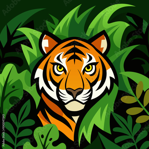 Jungle tiger mascot logo, sneaking through dense vegetation
