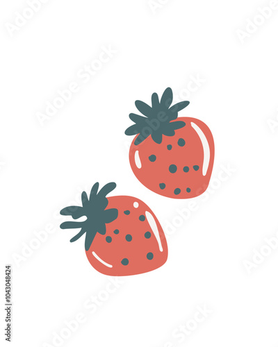 Two strawberries with seeds and green leaves, drawn in a simple cartoon style, vector illustration for children's books and cooking projects