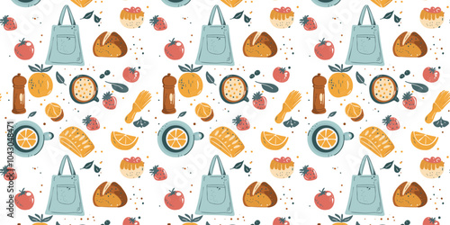 Cute seamless pattern with various kitchen items and food in a playful cartoon style
