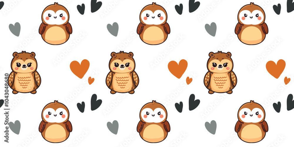 Fototapeta premium Seamless pattern featuring cute owls and hearts, drawn in a cartoon style, vector illustration for children's projects and decorative design