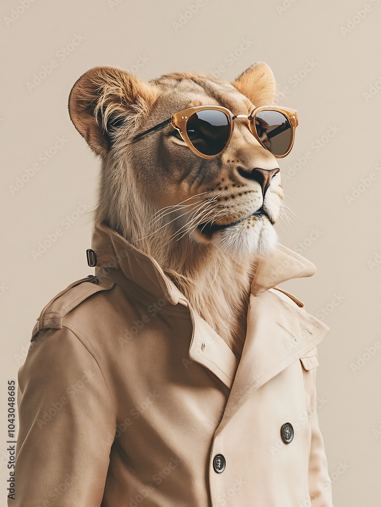 Female lion in a trench coat with cat-eye sunglasses on a light beige background. Female lion in a trench coat with cat-eye sunglasses on a light beige background.