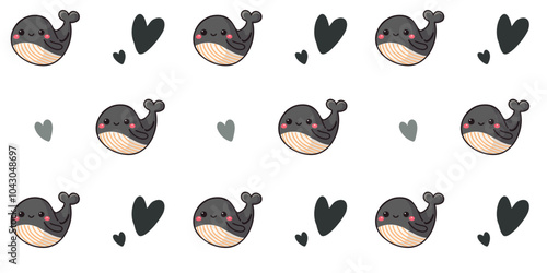 Seamless pattern featuring whales and small hearts, drawn in a cartoon style, vector illustration for children's projects and decor