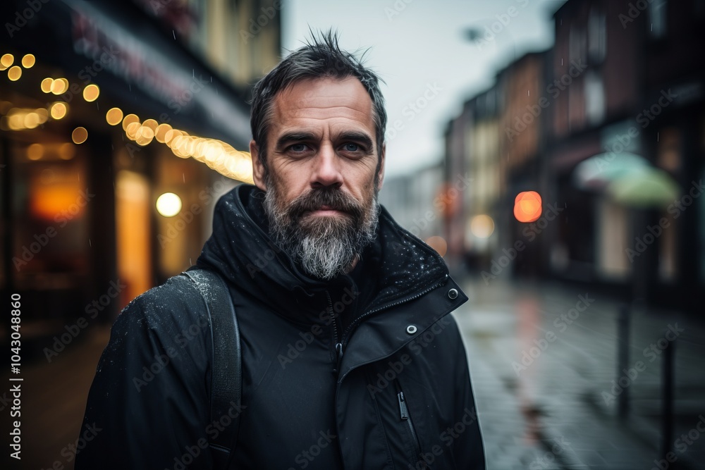 Portrait of a bearded man in a black jacket on a city street. Portrait of a bearded man in a black jacket on a city street.