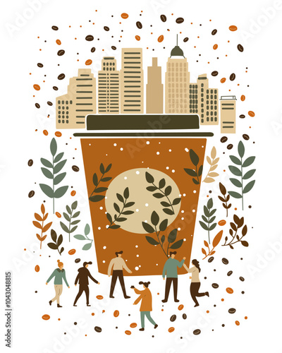 Art design of a disposable cup with hot coffee, decorated with simple patterns of city high-rise buildings and people getting their morning coffee, in a cartoon vector style